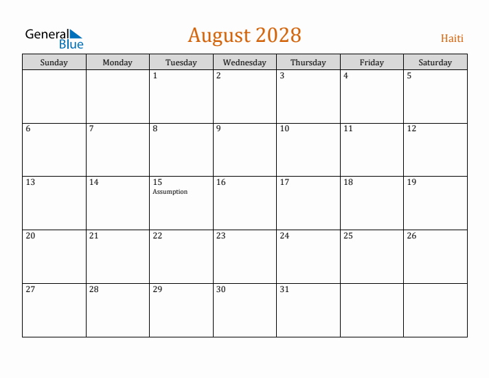 August 2028 Holiday Calendar with Sunday Start