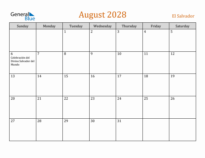 August 2028 Holiday Calendar with Sunday Start