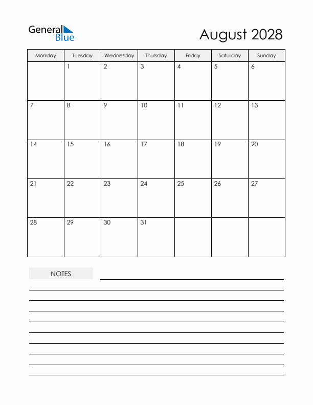 Printable Calendar with Notes - August 2028 
