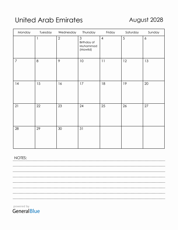 August 2028 United Arab Emirates Calendar with Holidays (Monday Start)