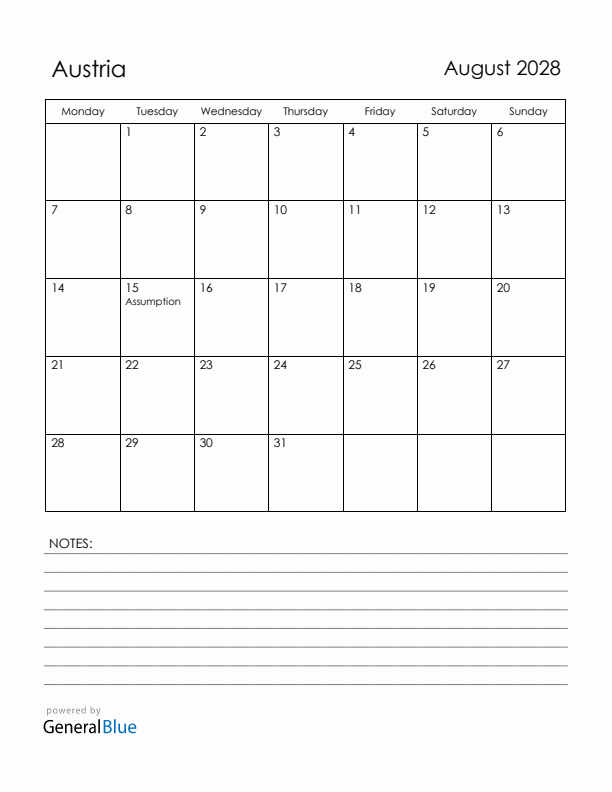 August 2028 Austria Calendar with Holidays (Monday Start)