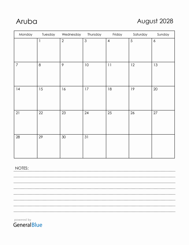 August 2028 Aruba Calendar with Holidays (Monday Start)