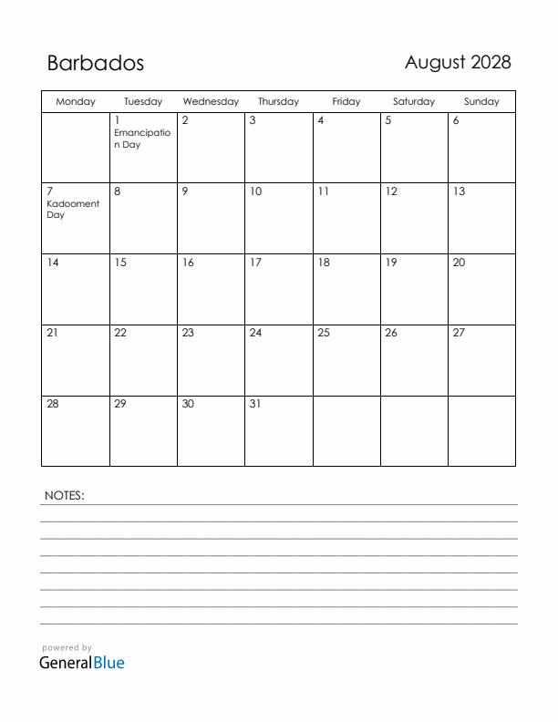 August 2028 Barbados Calendar with Holidays (Monday Start)