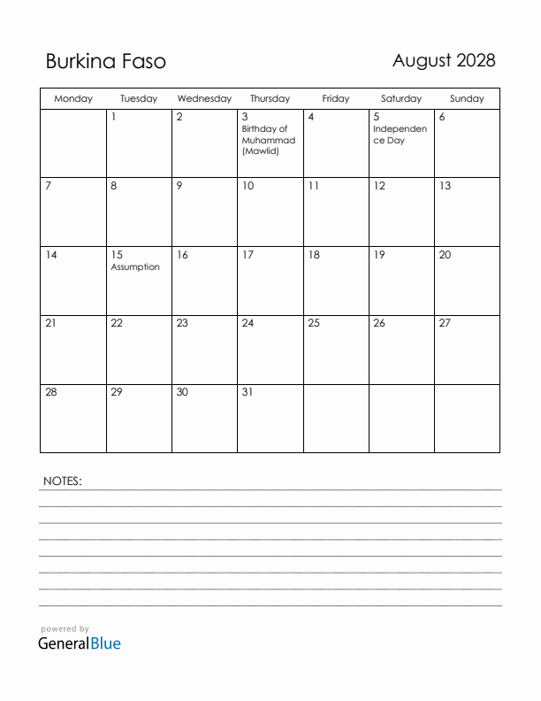 August 2028 Burkina Faso Calendar with Holidays (Monday Start)