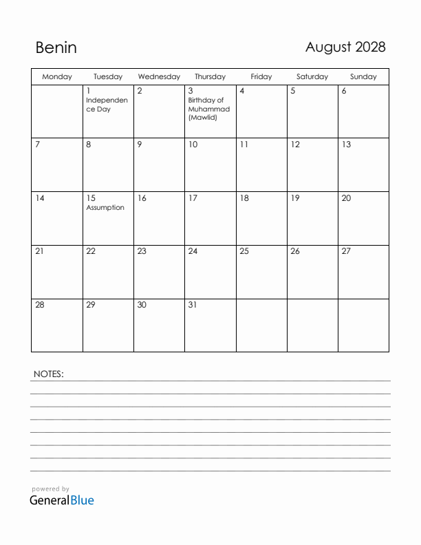 August 2028 Benin Calendar with Holidays (Monday Start)
