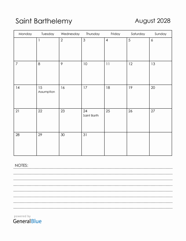 August 2028 Saint Barthelemy Calendar with Holidays (Monday Start)