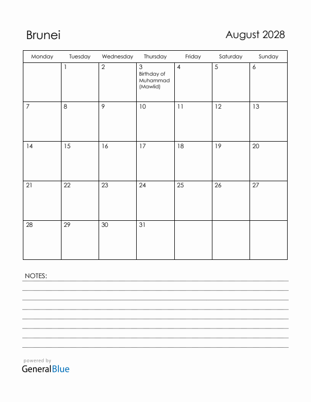August 2028 Brunei Calendar with Holidays (Monday Start)