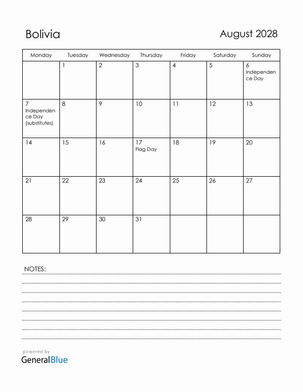August 2028 Bolivia Calendar with Holidays (Monday Start)