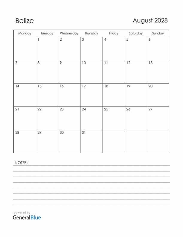 August 2028 Belize Calendar with Holidays (Monday Start)