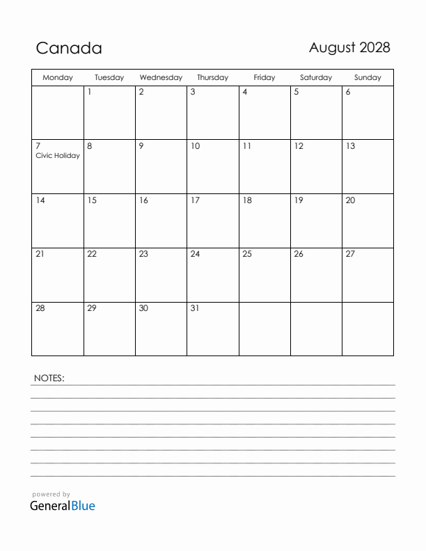 August 2028 Canada Calendar with Holidays (Monday Start)