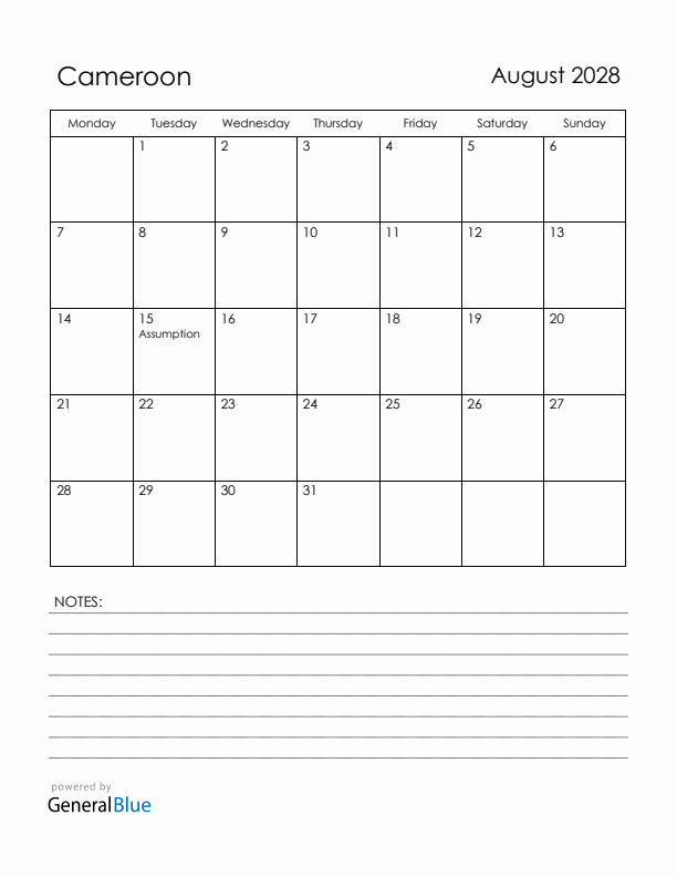 August 2028 Cameroon Calendar with Holidays (Monday Start)