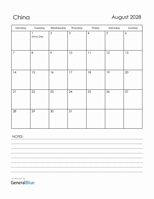 August 2028 China Calendar with Holidays (Monday Start)