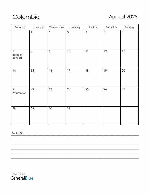 August 2028 Colombia Calendar with Holidays (Monday Start)