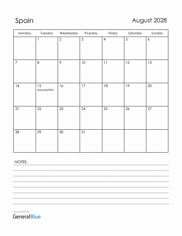 August 2028 Spain Calendar with Holidays (Monday Start)