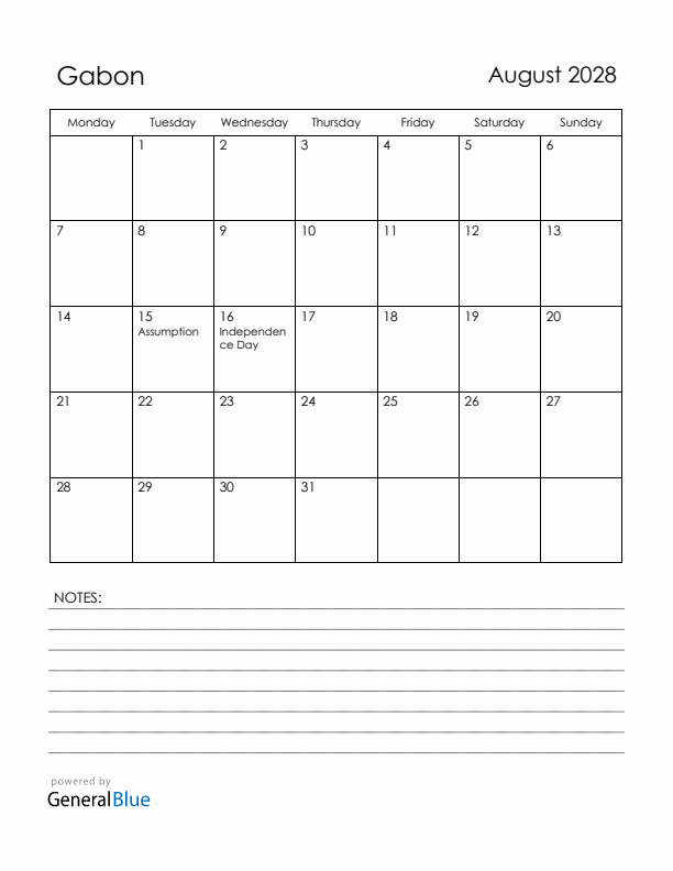 August 2028 Gabon Calendar with Holidays (Monday Start)