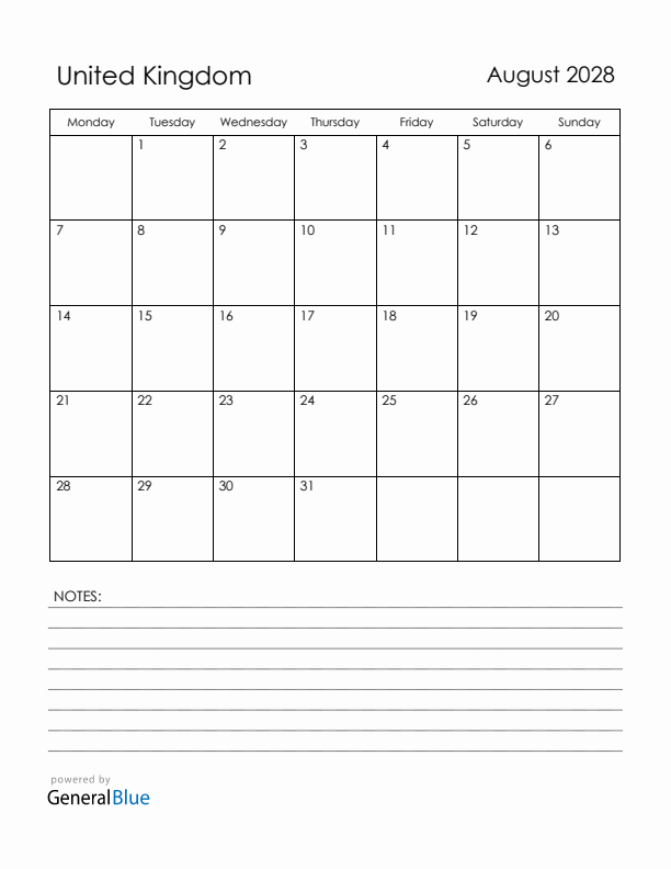 August 2028 United Kingdom Calendar with Holidays (Monday Start)