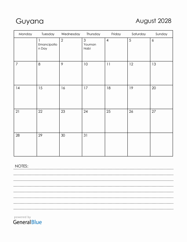 August 2028 Guyana Calendar with Holidays (Monday Start)