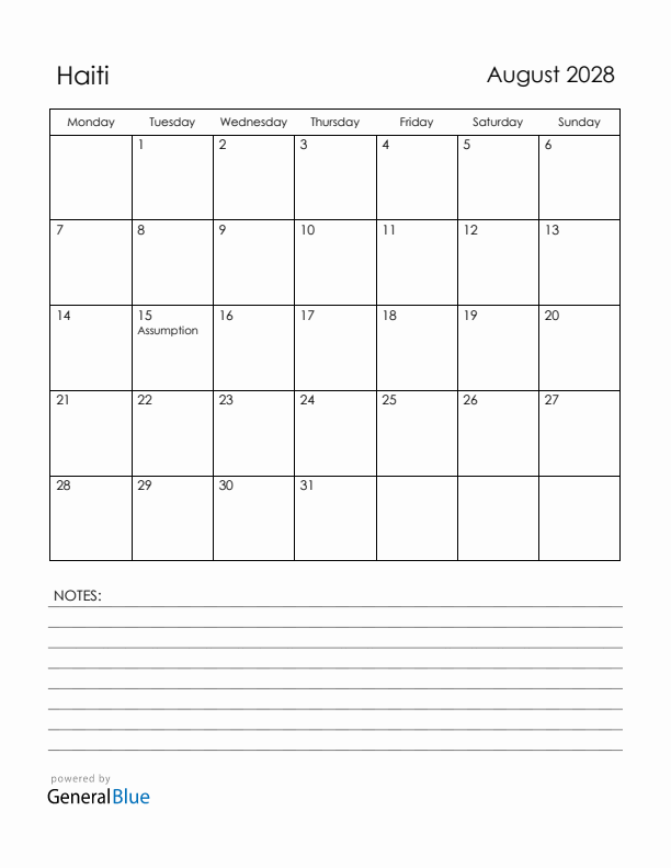 August 2028 Haiti Calendar with Holidays (Monday Start)