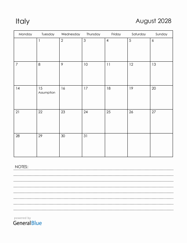 August 2028 Italy Calendar with Holidays (Monday Start)