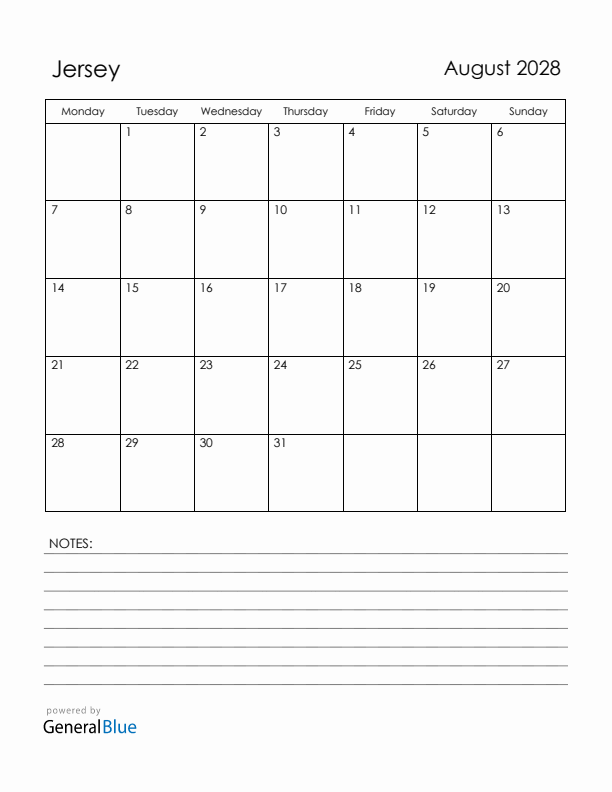 August 2028 Jersey Calendar with Holidays (Monday Start)