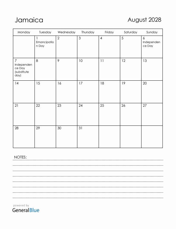August 2028 Jamaica Calendar with Holidays (Monday Start)