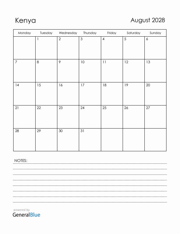 August 2028 Kenya Calendar with Holidays (Monday Start)