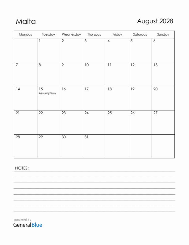August 2028 Malta Calendar with Holidays (Monday Start)