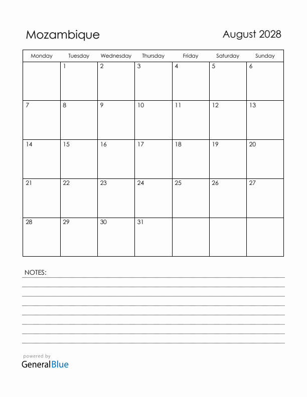 August 2028 Mozambique Calendar with Holidays (Monday Start)