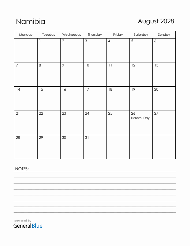 August 2028 Namibia Calendar with Holidays (Monday Start)
