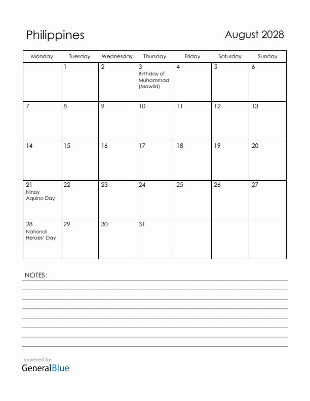 August 2028 Philippines Calendar with Holidays (Monday Start)