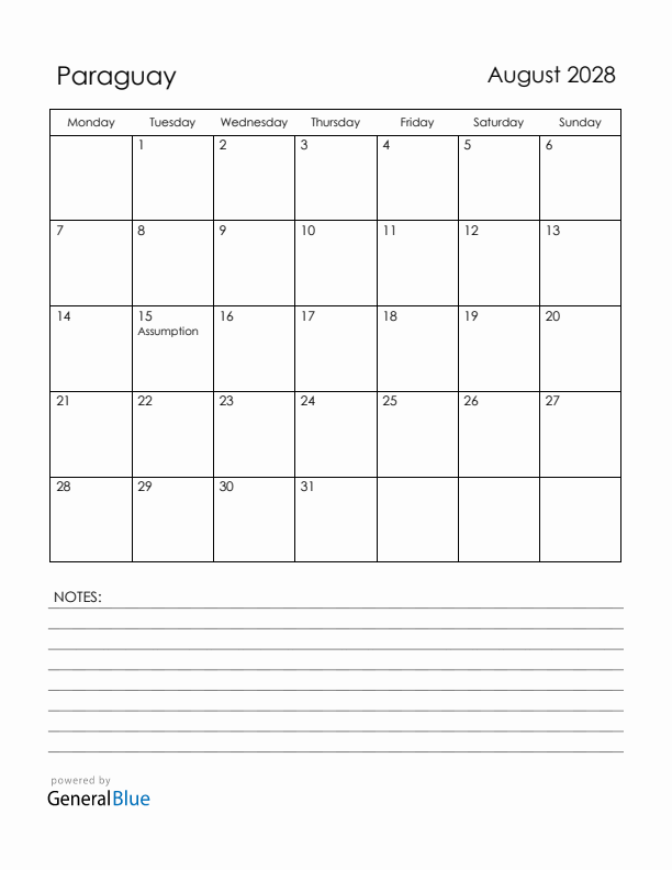 August 2028 Paraguay Calendar with Holidays (Monday Start)