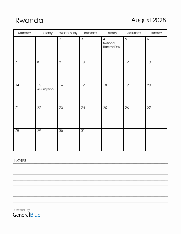 August 2028 Rwanda Calendar with Holidays (Monday Start)