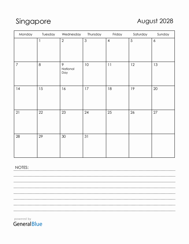 August 2028 Singapore Calendar with Holidays (Monday Start)