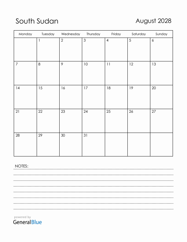 August 2028 South Sudan Calendar with Holidays (Monday Start)