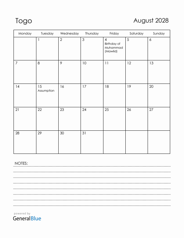 August 2028 Togo Calendar with Holidays (Monday Start)