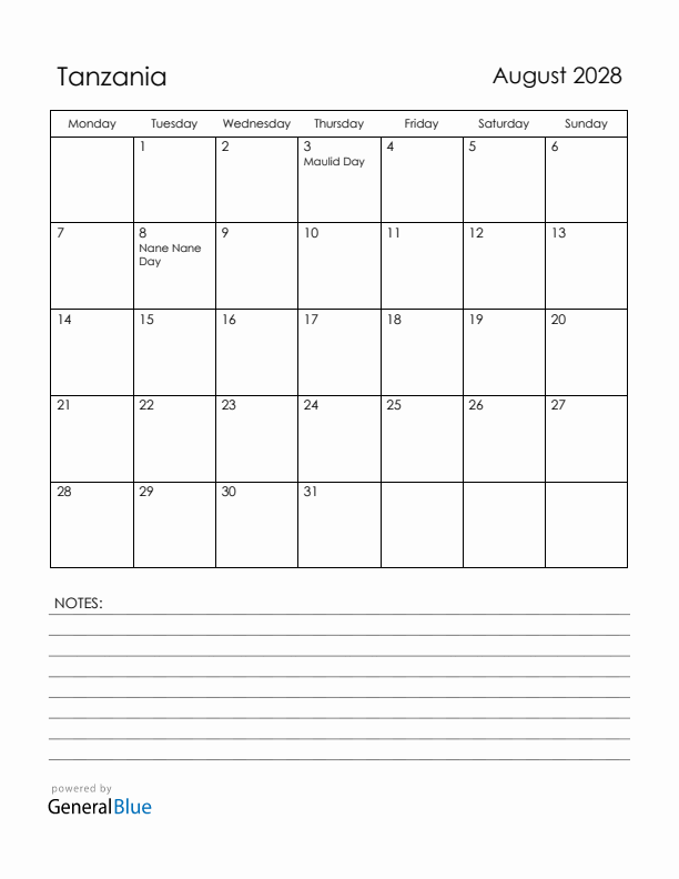 August 2028 Tanzania Calendar with Holidays (Monday Start)