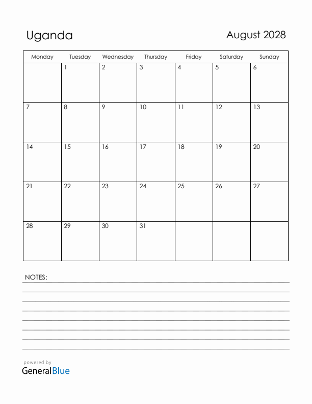 August 2028 Uganda Calendar with Holidays (Monday Start)