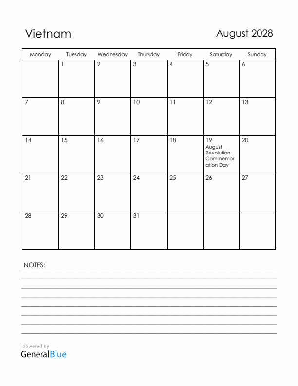 August 2028 Vietnam Calendar with Holidays (Monday Start)