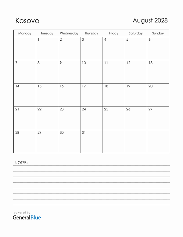 August 2028 Kosovo Calendar with Holidays (Monday Start)