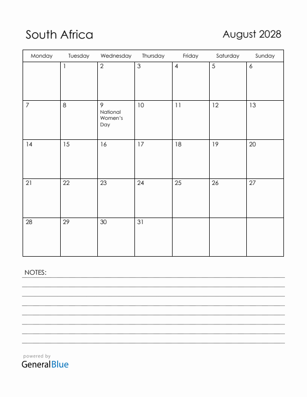 August 2028 South Africa Calendar with Holidays (Monday Start)