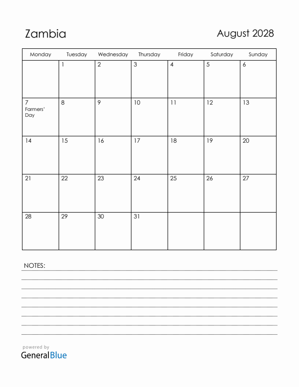 August 2028 Zambia Calendar with Holidays (Monday Start)