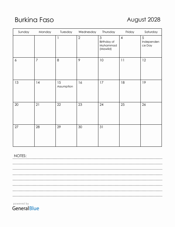 August 2028 Burkina Faso Calendar with Holidays (Sunday Start)