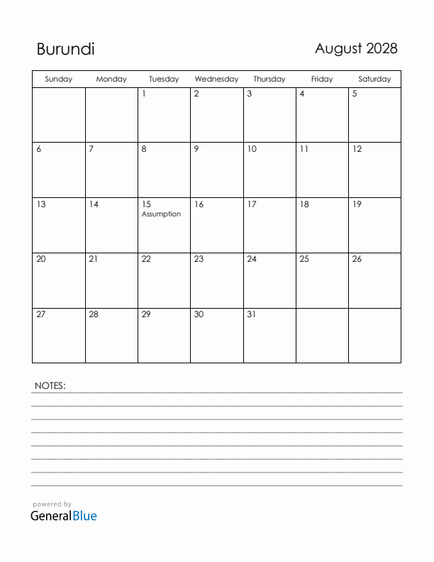 August 2028 Burundi Calendar with Holidays (Sunday Start)