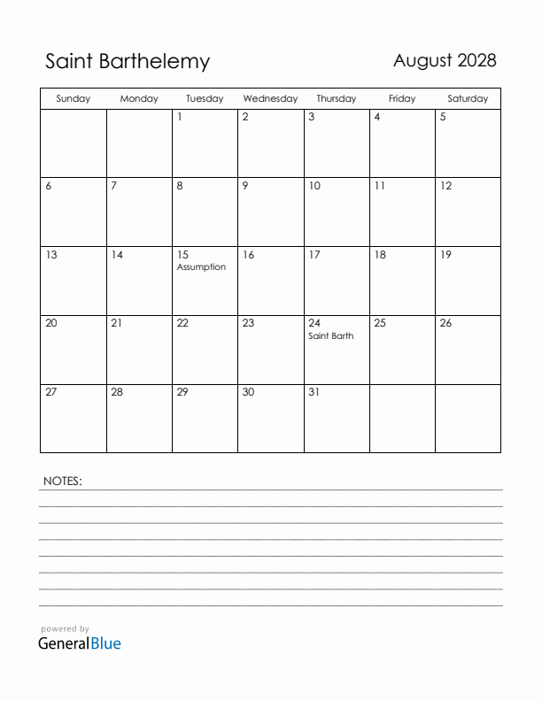 August 2028 Saint Barthelemy Calendar with Holidays (Sunday Start)