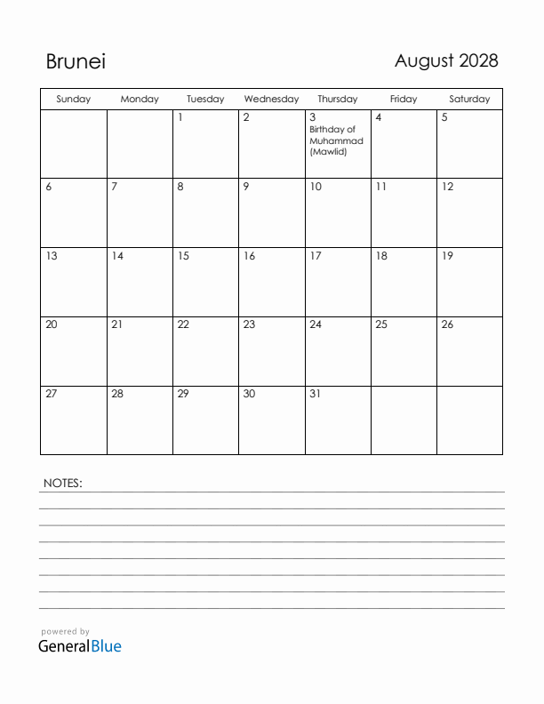 August 2028 Brunei Calendar with Holidays (Sunday Start)
