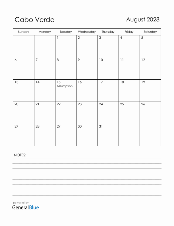 August 2028 Cabo Verde Calendar with Holidays (Sunday Start)