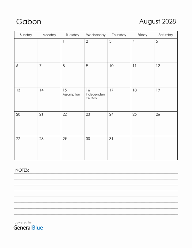 August 2028 Gabon Calendar with Holidays (Sunday Start)