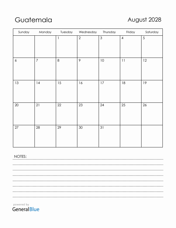 August 2028 Guatemala Calendar with Holidays (Sunday Start)