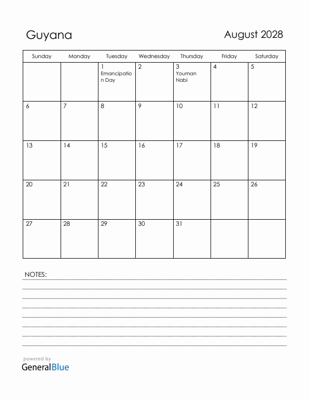 August 2028 Guyana Calendar with Holidays (Sunday Start)