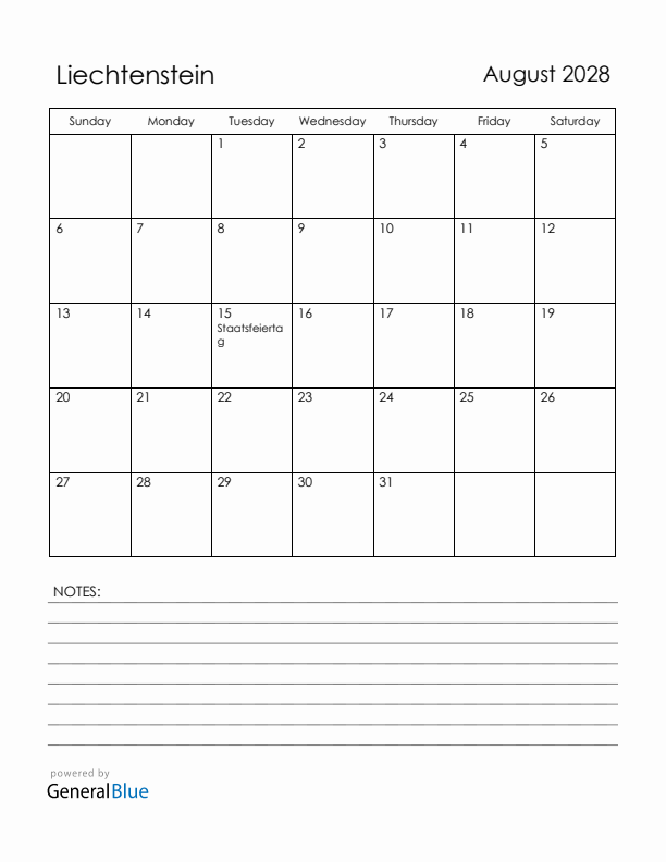 August 2028 Liechtenstein Calendar with Holidays (Sunday Start)